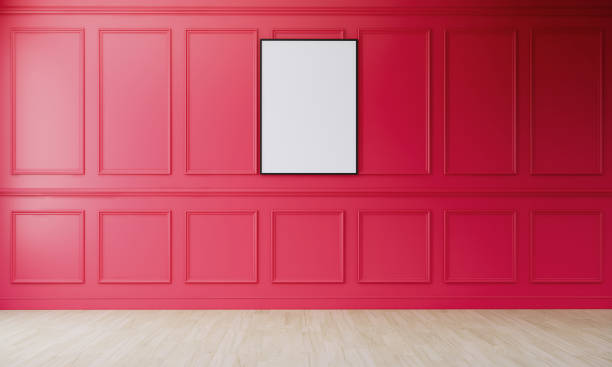 istock 3d classical wall panel, viva magenta color interior design and decoration with blank frame on wall. 3d renderings background and texture. 1457558274