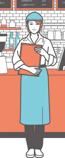 Vector illustration of A female waitress holding a tray inside a cafe.