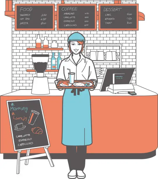 Vector illustration of Female waitress with food inside cafe. Panoramic view.