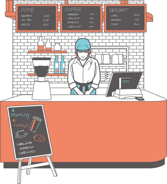 Vector illustration of A female waitress bows at the checkout counter of a café.Full view.