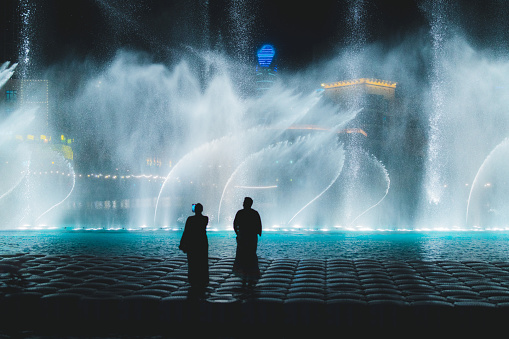 Unrecognisable people looking the Fountain performance at night
