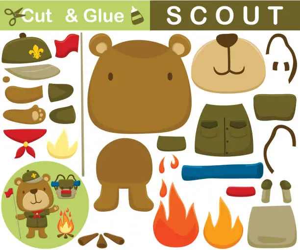 Vector illustration of Cartoon of funny bear the boy scout with bonfire and backpack. Education paper game for children. Cutout and gluing