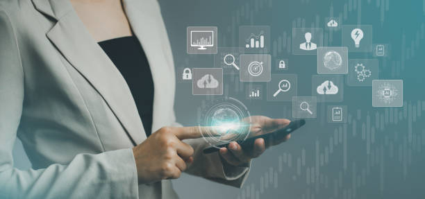 istock Businesswoman using smartphone in data management. Business, technology, internet and networking concept. 1457562421