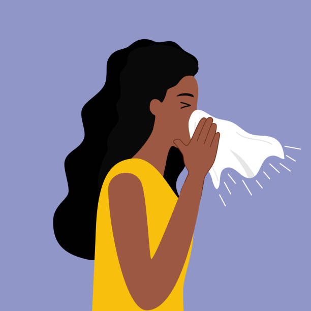 istock Sick black woman sneezing in handkerchief. Season allergy. Flu or cold concept vector illustration. 1457565493