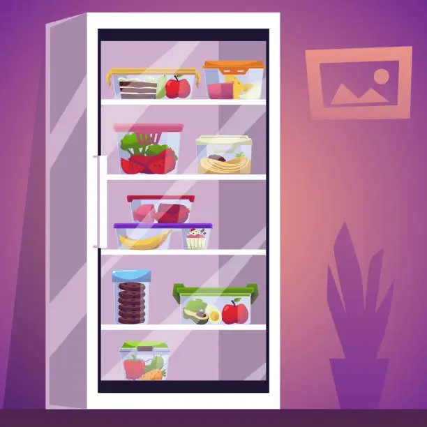 Vector illustration of Refrigerator with display door and food containers inside, flat vector illustration. Concept of food storage.