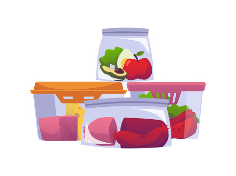 Pile of plastic lunch boxes or freezer containers with food, flat cartoon vector illustration isolated on white background. Food storage and zero waste symbol.