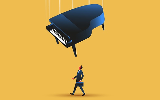 Grand piano falling on a walking man. Risk management, bad luck, insurance concept. Vector illustration.