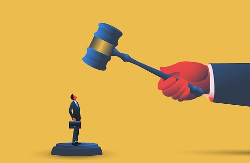 Judge hiiting tiny man by gavel. Bankruptcy, lawsuit, protest concept. Vector illustration.