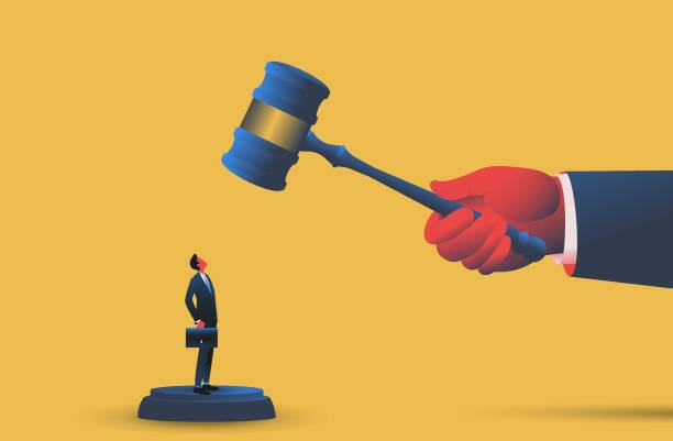 Judge hiiting tiny man by gavel Judge hiiting tiny man by gavel. Bankruptcy, lawsuit, protest concept. Vector illustration. bail law stock illustrations