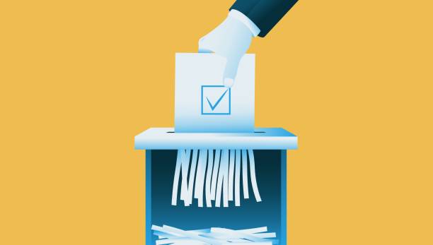 Hand holding shredding ballot illustration Hand holding shredding ballot. Fake election an manipulating concept. Vector illustration. election fraud stock illustrations