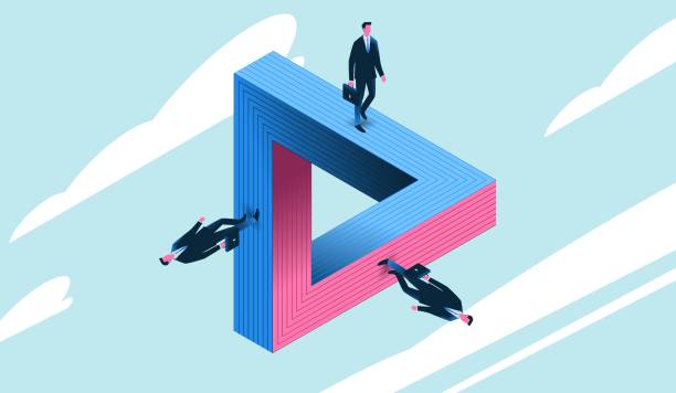 Business people on endless triangle illustration. Business people walking on endless impossible Penrose triangle. Searching of solution and corporate working concept. Vector illustration. abstract illusion stock illustrations