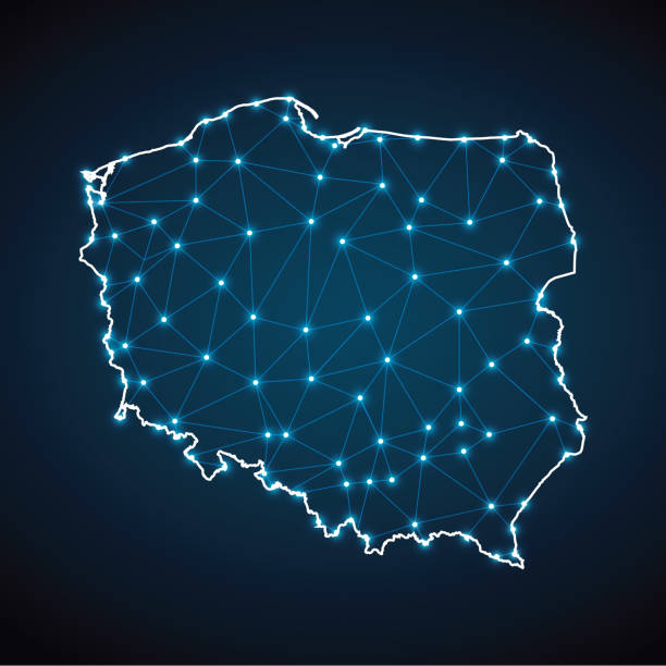 Map of Poland from Polygonal wire frame low poly mesh Map of Poland from Polygonal wire frame low poly mesh, contours network line, luminous space stars, design sphere, dot and structure. Vector Illustration EPS10. polish culture stock illustrations