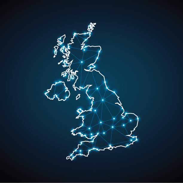 Map of United Kingdom from Polygonal wire frame low poly mesh Map of United Kingdom from Polygonal wire frame low poly mesh, contours network line, luminous space stars, design sphere, dot and structure. Vector Illustration EPS10. city of london flag stock illustrations