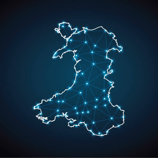Map of Wales from Polygonal wire frame low poly mesh Map of Wales from Polygonal wire frame low poly mesh, contours network line, luminous space stars, design sphere, dot and structure. Vector Illustration EPS10. welsh flag stock illustrations