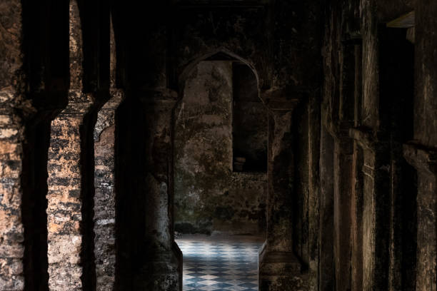 istock Creepy abandoned building interior with ruined old walls 1457572416
