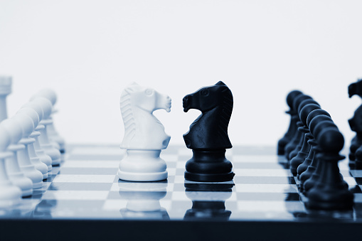 The white and black knight on a chessboard. Leader success business concept