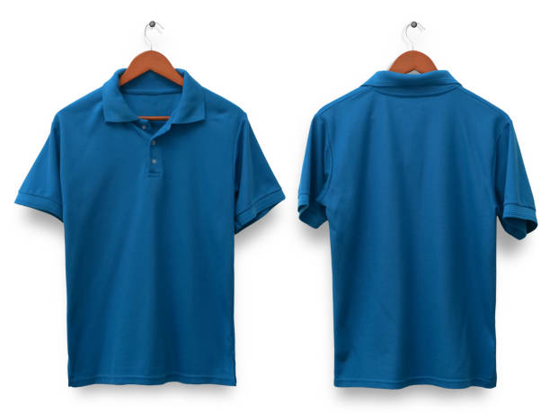 Blank collared shirt mock up template, front and back view, isolated on white, plain blue t-shirt mockup