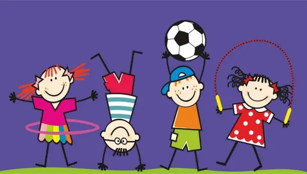 Vector illustration of Four children with hula hoop, soccer ball and jump rope, humorous illustration, eps.