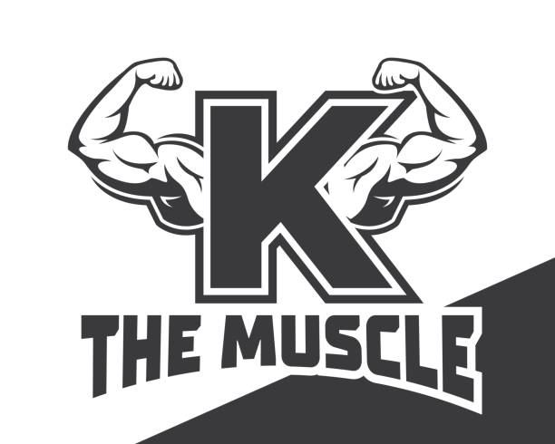 ilustrações de stock, clip art, desenhos animados e ícones de muscular arm letter k logo illustration, fitness gym logo template, design for gym and fitness club. - men body building human muscle muscular build