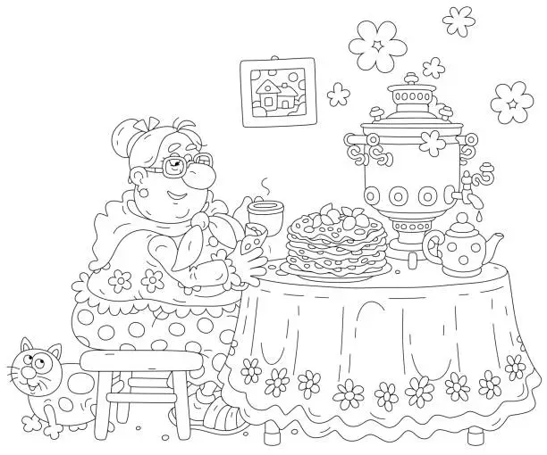 Vector illustration of Funny chubby housewife drinking tea with pancakes