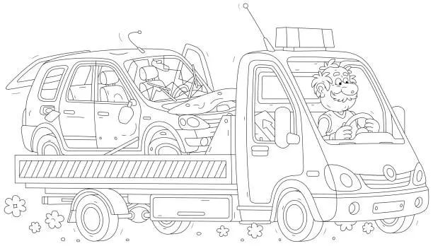 Vector illustration of Wrecker carrying a car after a road accident