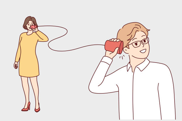 Man and woman are talking using homemade phone made from rope and cups. Vector image Man and woman are talking using homemade phone made from rope and cups. Guy and girl share secrets and gossip communicate at distance using handmade telegraph. Flat vector illustration string telephone stock illustrations