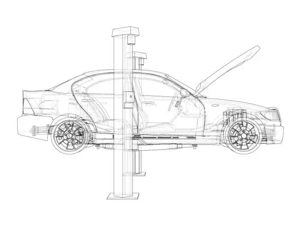 Vector illustration of Car lift stand tower with car. Vector