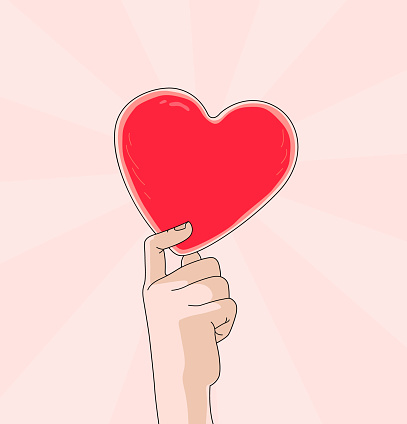 This is a digital sketch of a human hand holding a paper heart in red concept