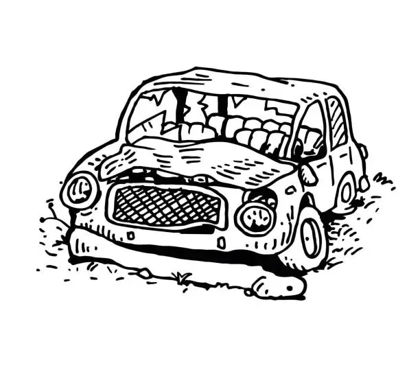 Vector illustration of Hand drawn abondened old car