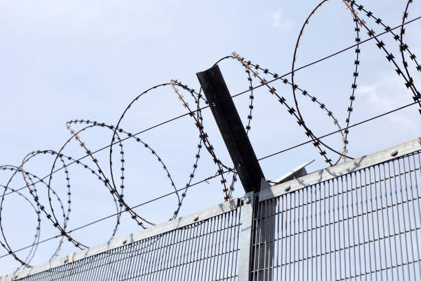 istock Barbed wires against sky. Wired fence 1457591536