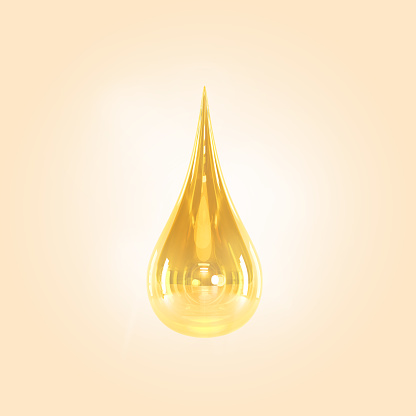 Golden oil drop, serum droplet or yellow clear water on beige background 3d render. Realistic mockup of cosmetic skincare product, bubble of liquid essence, honey or syrup blob, 3D illustration
