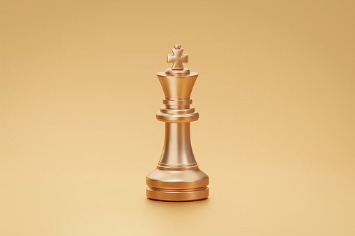 Gold chess victory strategy crown success challenge competition concept isolated on 3d golden background with teamwork business leadership company or corporate decision marketing winner achievement.