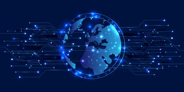 Vector illustration of Global network connection. World map Asia continent point line worldwide information technology dat exchange business