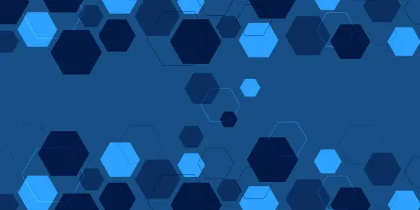 Vector illustration of Hexagons pattern on blue background. Genetic research, molecular structure. Chemical engineering. Concept of innovation technology