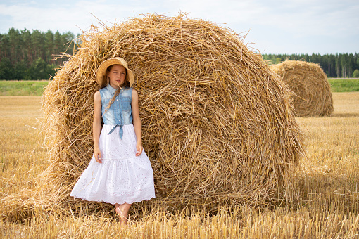 girl in straw hat near haystack, nature backgrounds, summertime, cowboy view