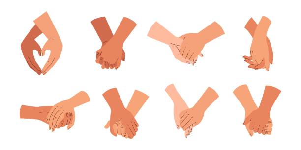 paare händchen haltend auf verschiedenen typen set - holding hands human hand romance support stock-grafiken, -clipart, -cartoons und -symbole