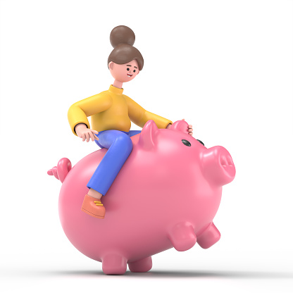 3D illustration of smiling Asian woman Angela riding piggy bank, 3D rendering on white background.
