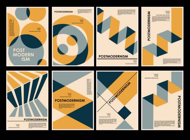 kunstwerke, poster inspiriert postmodern von vektor abstrakten dynamischen symbolen mit fetten geometrischen formen, nützlich für web-hintergrund, poster-kunst-design, magazin-frontseite, high-tech-druck, cover-artworks. - 60s design stock-grafiken, -clipart, -cartoons und -symbole