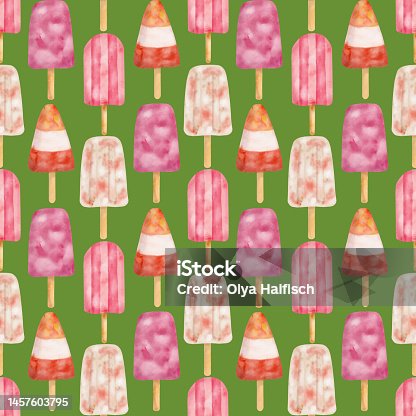 istock Watercolor popsicle seamless pattern. Hand painted cute pink ice pops on green background. Summer frozen dessert. Colorful delicious holiday food for birthday, wrapping paper, print. 1457603795
