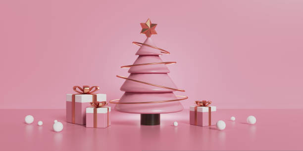 istock Minimal pink glamor background with tree decoration and gift boxes. Place for text 1457604746