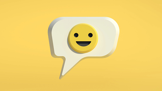 Cute smile talk icon or chat icon and happy emotion icon 3d render in yellow color for social background .