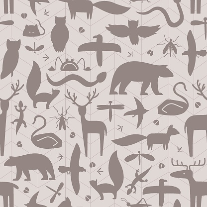Brown shape of wild forester animals vector seamless pattern. Can use for fabric, web background.