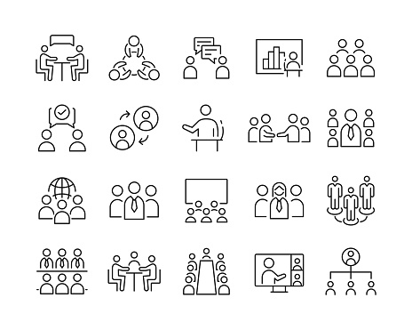 Meeting Icons - Vector Line. Editable Stroke. Vector Graphic