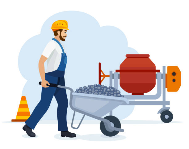 Construction Worker works at a construction site. Worker Pushing Wheelbarrow. Construction tools and materials. Construction Worker works at a construction site. Worker Pushing Wheelbarrow. Construction tools and materials. mixing cement stock illustrations