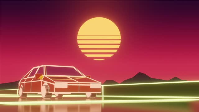 Looping Retro Computer Graphics Style Car Moving Through a Trench with Stylized Sunset Background 3D Front View Stock Animation Video