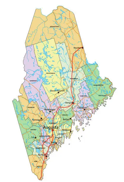 Vector illustration of Maine - Highly detailed editable political map with labeling.