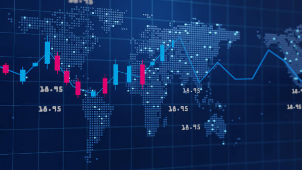 istock Hi-tech world map with glowing chart of investment financial data 1457615095