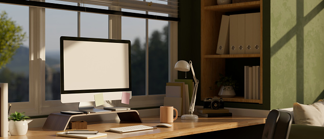 side view, Comfortable home office workspace interior design with PC desktop computer mockup, stationery and decor on table against the window. 3d render, 3d illustration