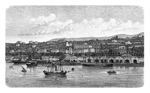 View of the Lloyd arsenal repair shipyard, docks and dry docks in the bay of Barcola Trieste, 19th century