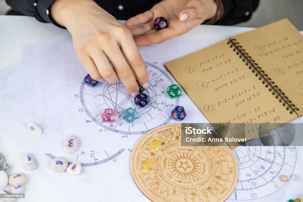 Woman numerologist astrologer counts numbers. Selective focus. Woman numerologist astrologer counts numbers. Selective focus. People. Numerology Stock Photo